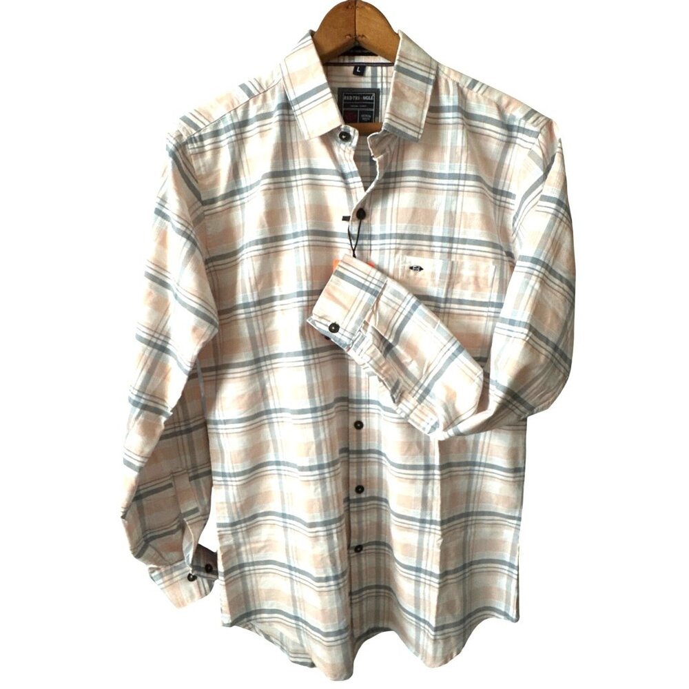 Pink Gray Plaid Long Sleeve Button Down Shirt NWT RED TRIANGLE Size Large